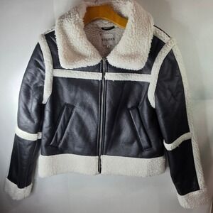 Vigoss Faux Leather Shearling Aviator Jacket Moto Cropped Sherpa Black S